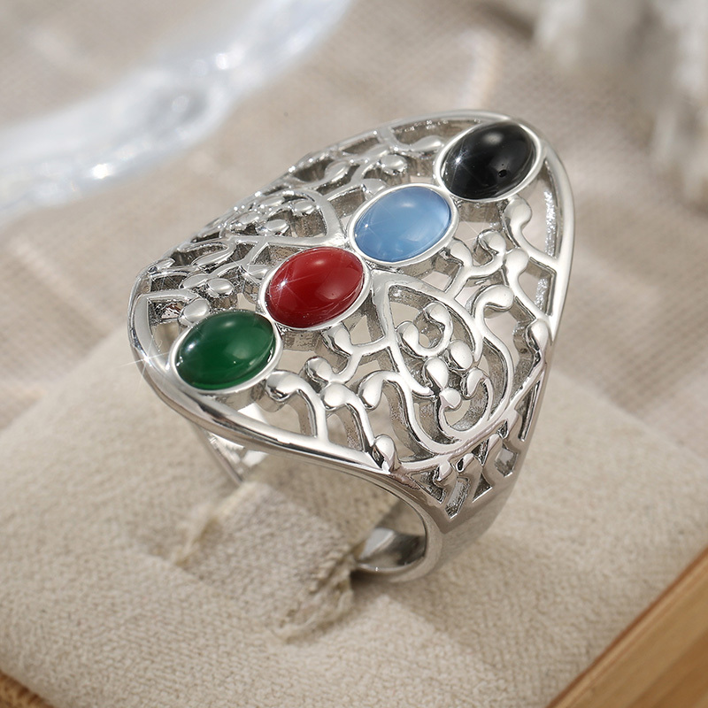 Bohemian Hollowed-Out Wide Ring with Multi-Colored Synthetic Zircons
